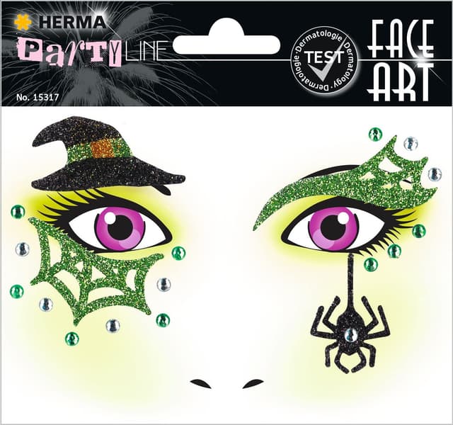 HERMA 15317 Face Art Sticker Hexe, dermatologisch getestet, ablösbare Glitzer Gesicht Aufkleber, temporäre Tattoos für Karneval Fasching Halloween Festival Kinder Geburtstag, grün
