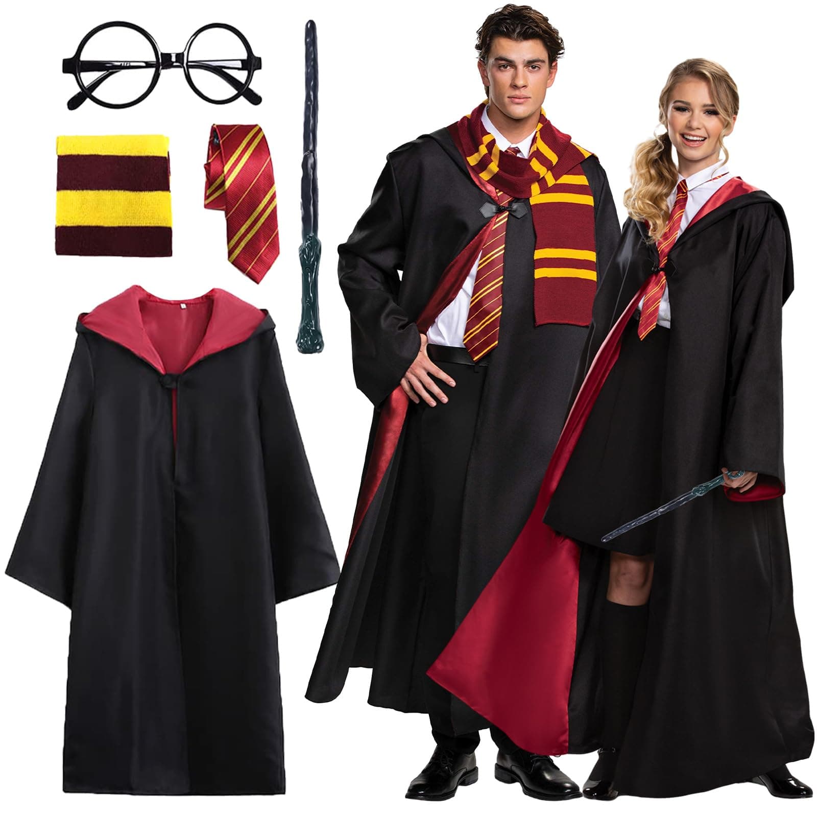 Kitimi Magic Robe, Umhang,4PCS Zauberer Cosplay Kostüm für Erwachsene,with Cape,Magic Wand,Glasses,Scarf,Tie,Halloween Wizard Costume for Cosplay,Carnival,Fancy Dress Rot XL Angebot bei HelloDeals