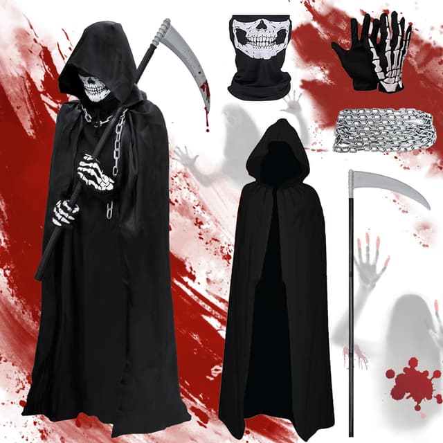 Luckeey Sensenmann Kostüm Kinder, Halloween Kostüm Kinder Jungen Mädchen 5 Pcs, Sensenmann Kostüm Umhang Sichel Schädelmaske SchädeHandschuhe und Kette Gürtel für Halloween Karnevals Party Cosplay