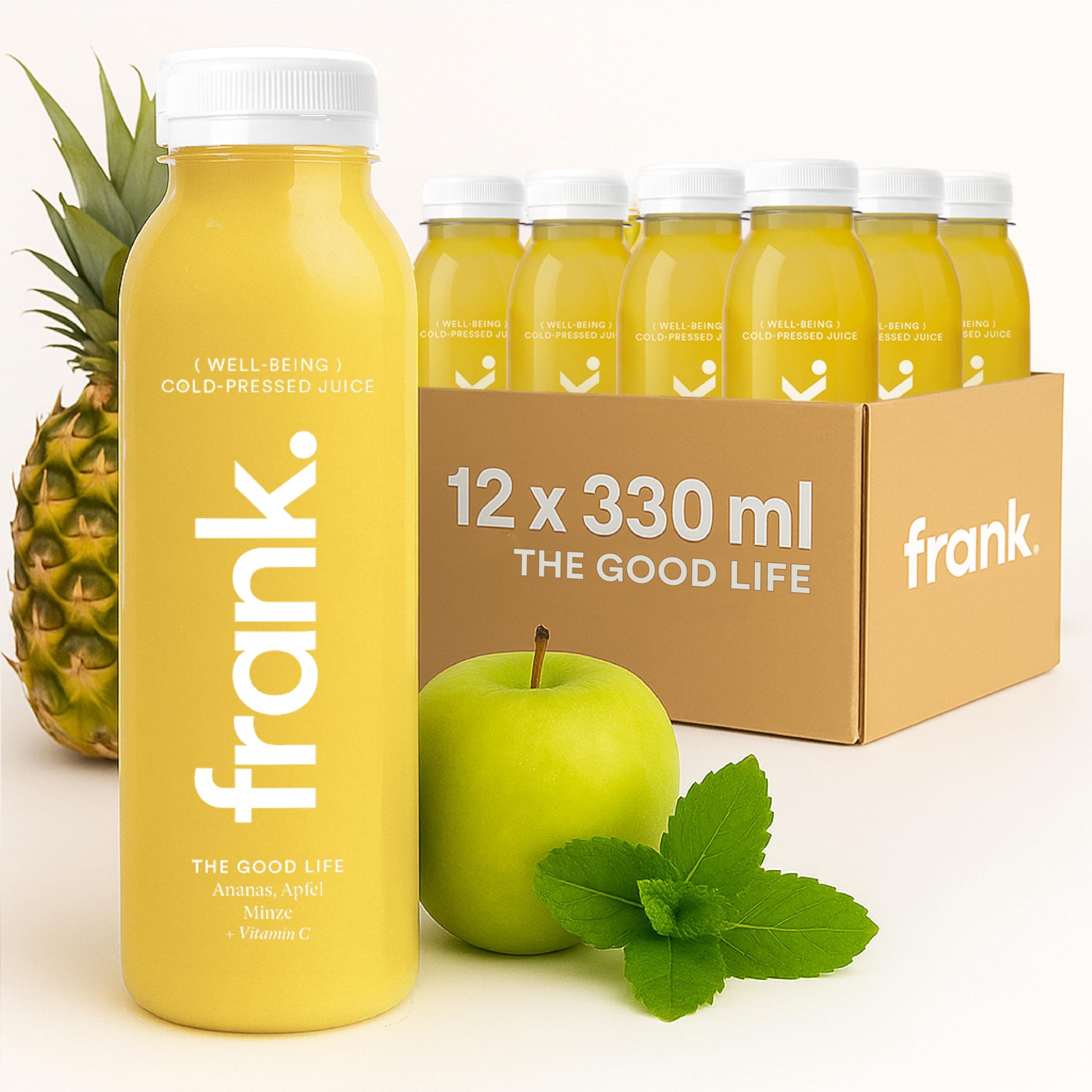 FRANK JUICE THE GOOD LIFE – kaltgepresster veganer Saft | 12 x 330 ml | Aus Fruchtsäfte & Gemüsesäfte mit Ananas, Apfel und Minze, inkl. EINWEG-PFAND 3€ Angebot bei HelloDeals