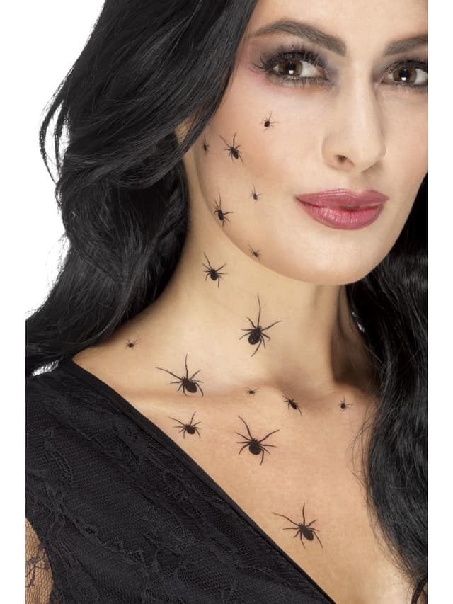 Smiffys Krabbelnde-Spinne-Klebetattoos, Schwarz, mit 2 Folien pro Packung, jeweils mit 16 Spinnen Halloween Einheitsgröße Schwarz