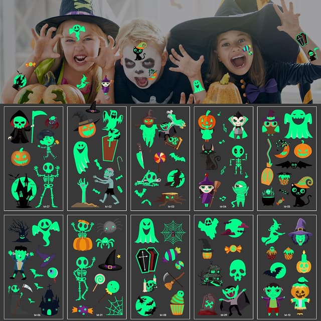 Halloween Tattoo Kinder, 10 Blatt Leuchtend Temporäre Tattoos, Halloween Mitgebsel Geschenke Kinder, Halloween Deko Kinderparty A-10