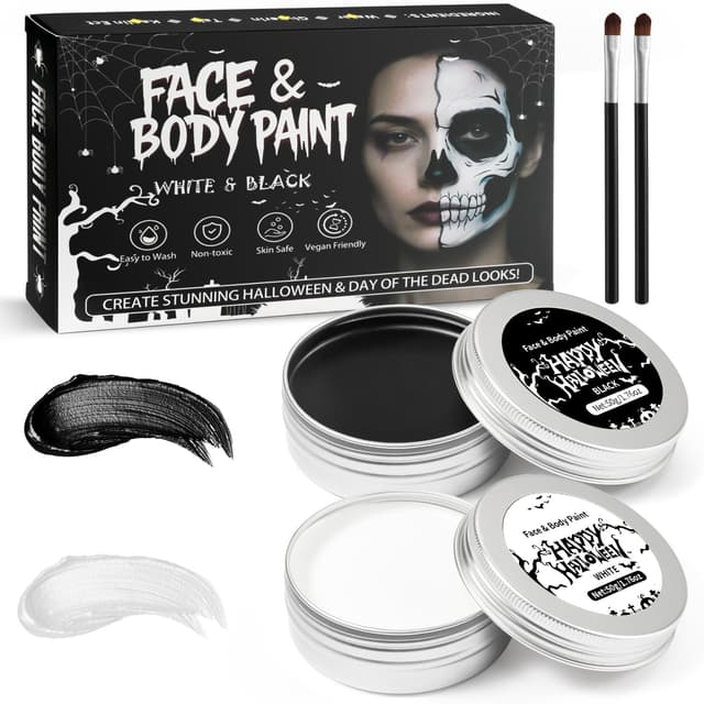 Halloween Schminke Set, Schwarz & Weiß Theaterschminke mit 50g und 2 Pinseln, Halloween Make Up für Gesicht Kinder & Erwachsene, Skelett, Vampir, Clown, Fasching Schminke