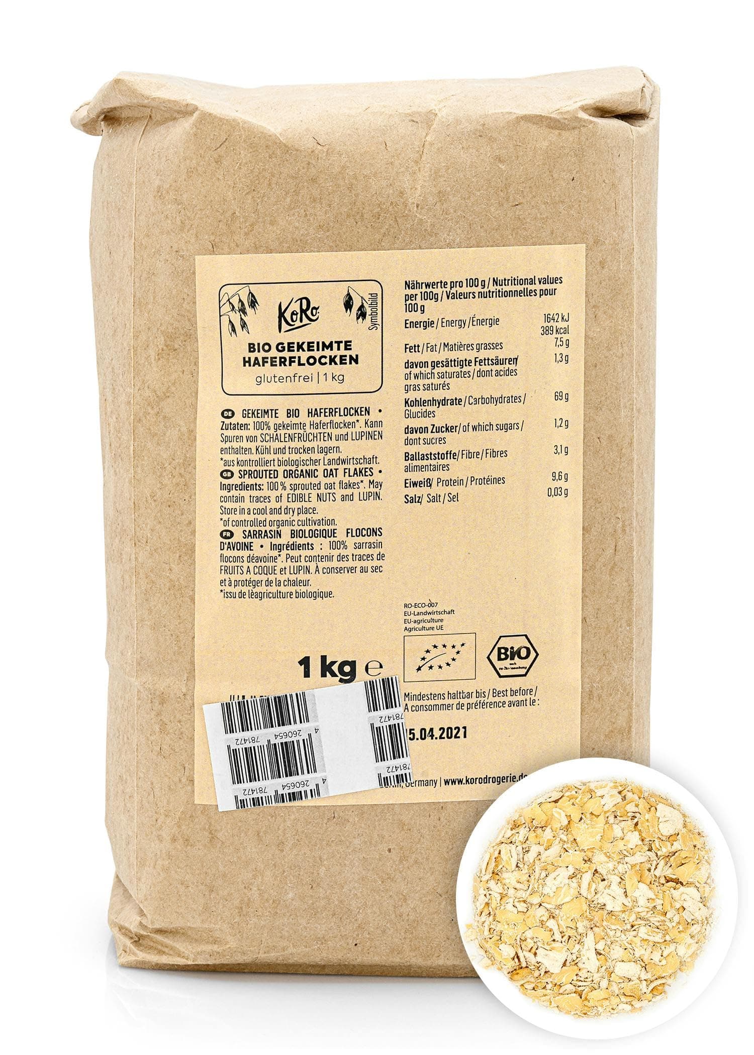 KoRo - Gekeimte Bio Feinblatt Haferflocken 1 kg - Glutenfrei - Vorteilspackung - Ideal für Porridge