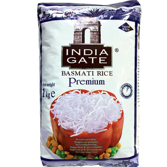 INDIA GATE Premium Basmati Reis – Feiner, aromatischer Langkornreis aus Indien, feines Langkorn (1 x 1 kg) 1-Pack Premium 1 KG