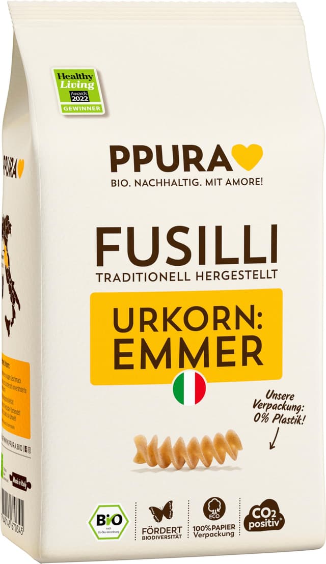PPURA Bio Fusilli Emmer Pasta 500 g, 100% natürliche Spiralnudeln aus dem Urkorn Emmer, Made in Italy - italienische Nudeln ohne Zusatz-, Farb- oder Konservierungsstoffe Nussigen 500 g (1er Pack)