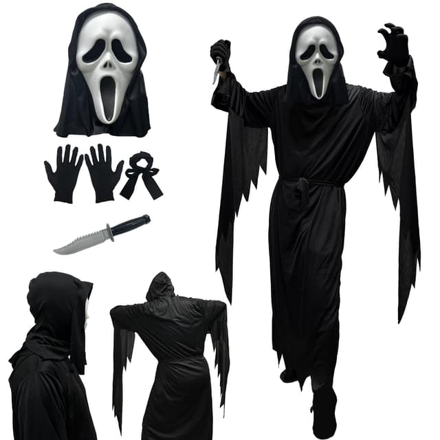 halloween scream costume,screaming ghost costume,Erwachsene und Kinderschwarz scream kostüm,geist scream mask,Halloween Party Ganzkörperkostüm mit Scream Mask und Handschuhe und Messer Kind-XL