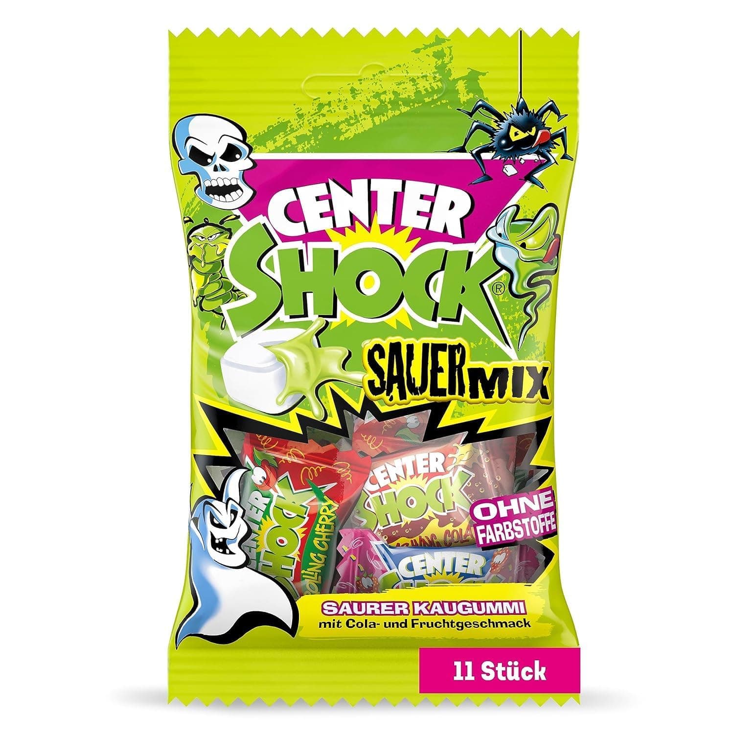 Center Shock Sour Mix, 1 Packung mit 11 extra-sauren Kaugummis, mit Füllung, ohne Farbstoffe, geeignet für Geburtstag, Weihnachten & Halloween 44g 11 stück (1er Pack)