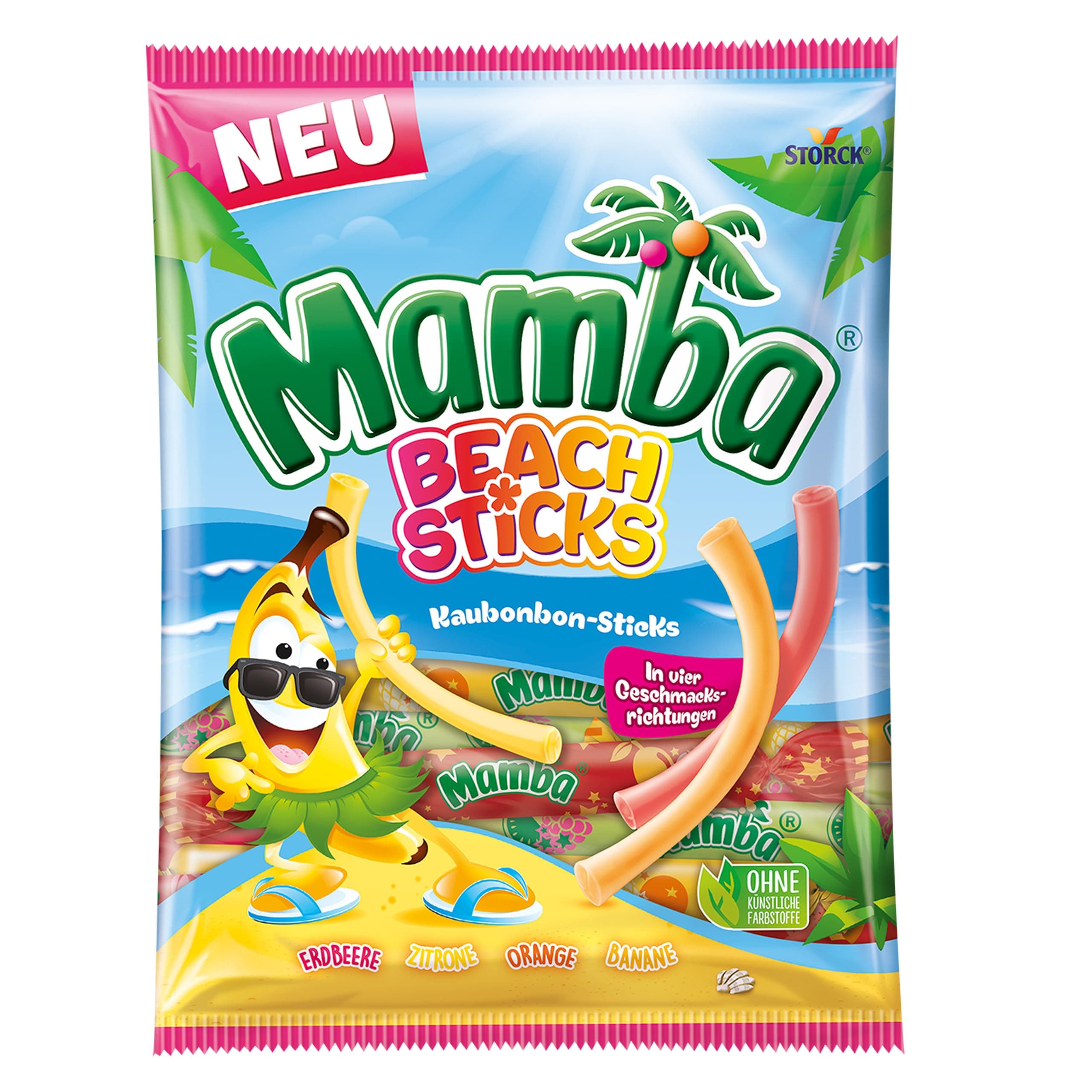 Mamba Beach Sticks – 1 x 160g – Fruchtige Kaubonbon-Stangen in vier verschiedenen Sorten – Fruchtgummi Mix einzeln verpackt Beach Sticks 1 x 160g