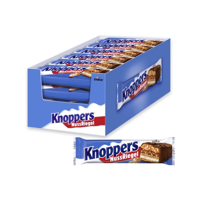 Knoppers NussRiegel – 24 x 40g – Schokoriegel mit Milch- und Nugatcreme, Haselnüssen, Karamell und Vollmilchschokolade 40 g (24er Pack) Haselnuss