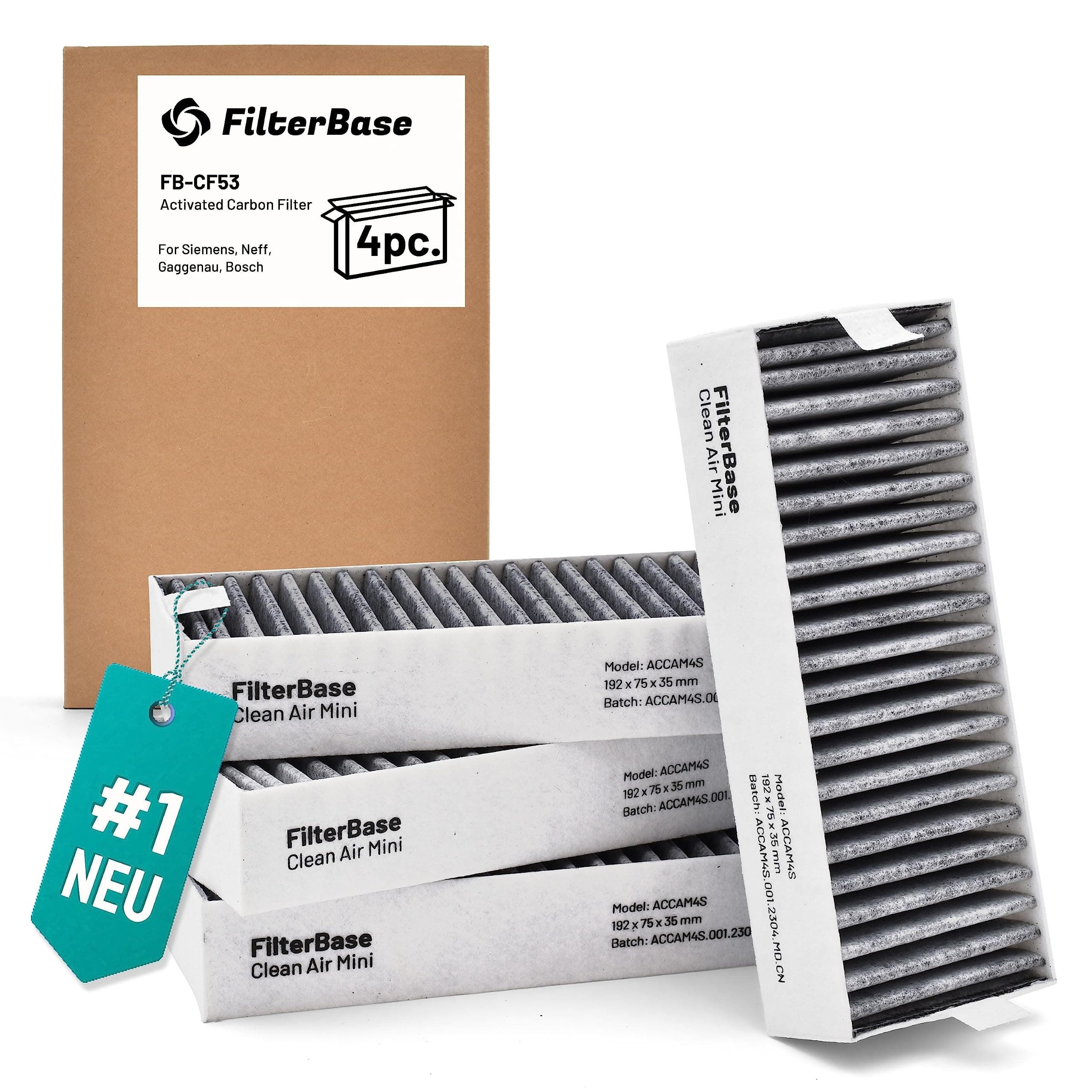 FilterBase® Aktivkohlefilter 4er Set - passend für 9001421821 9001563858 / Siemens Studioline HZ9VRCR0 / Bosch HEZ9VRCR0 / Neff Z821VR0 / Gaggenau CA282111 und Constructa CZ9VRCR0 (195x75x35 mm) Angebot bei HelloDeals