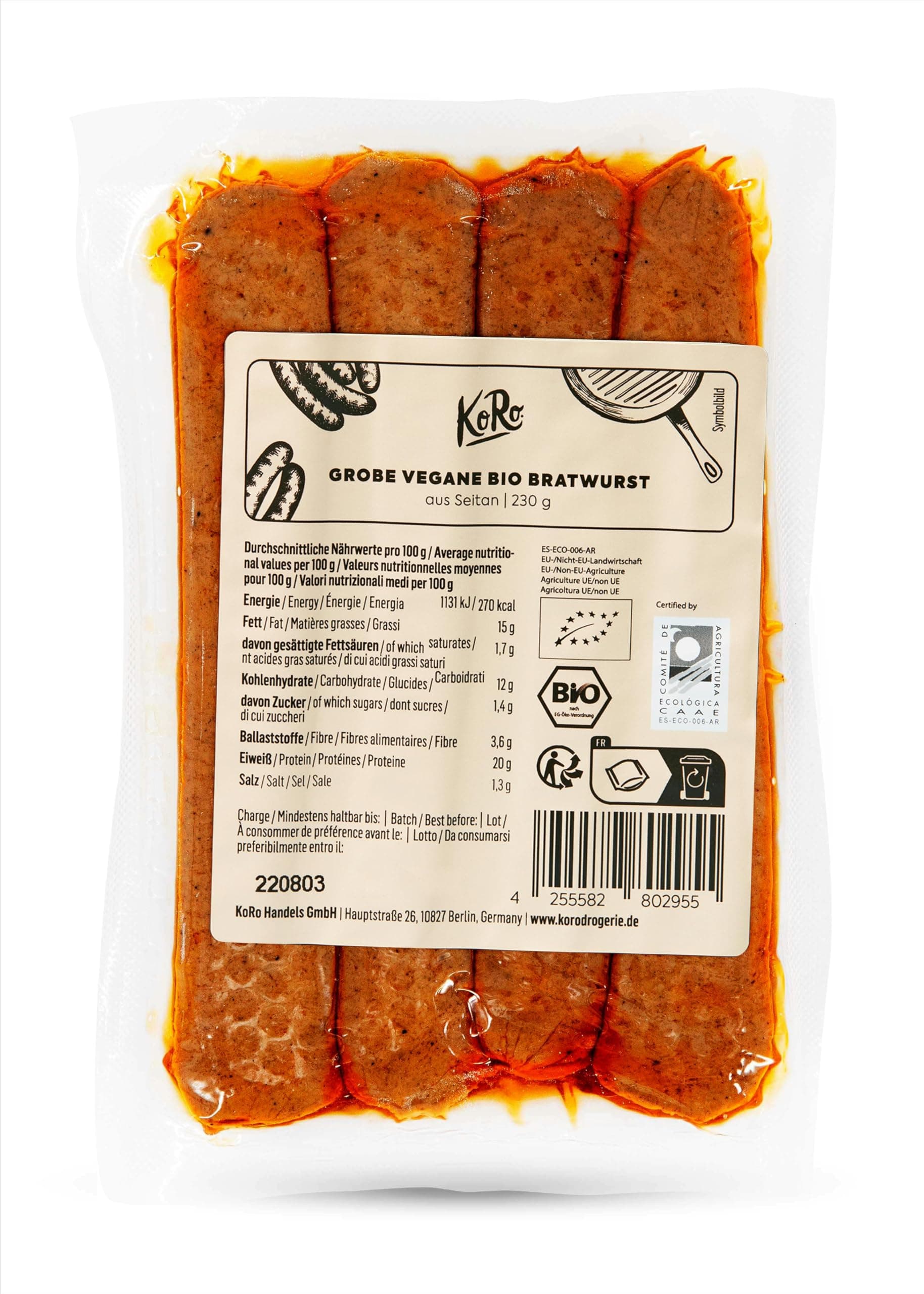 KoRo - Grobe vegane Bio Bratwurst 230g - Zum Grillen geeignet - Vegan - Bio Angebot bei HelloDeals