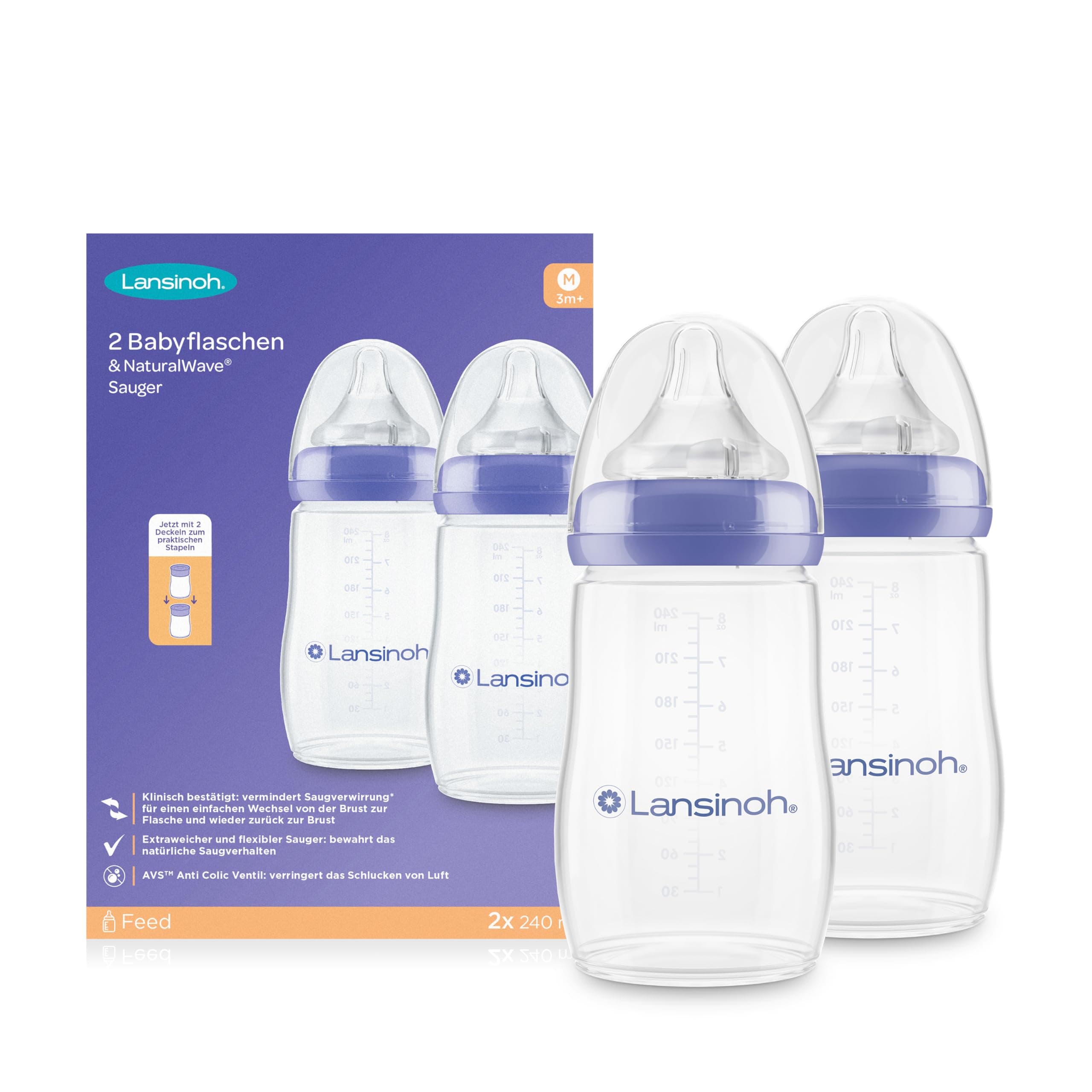 Lansinoh Babyflaschen mit NaturalWave Sauger Gr. M, 240 ml - Doppelpack - neues kompaktes Design für verbesserte Stabilität - mit stapelbarem Deckel Single