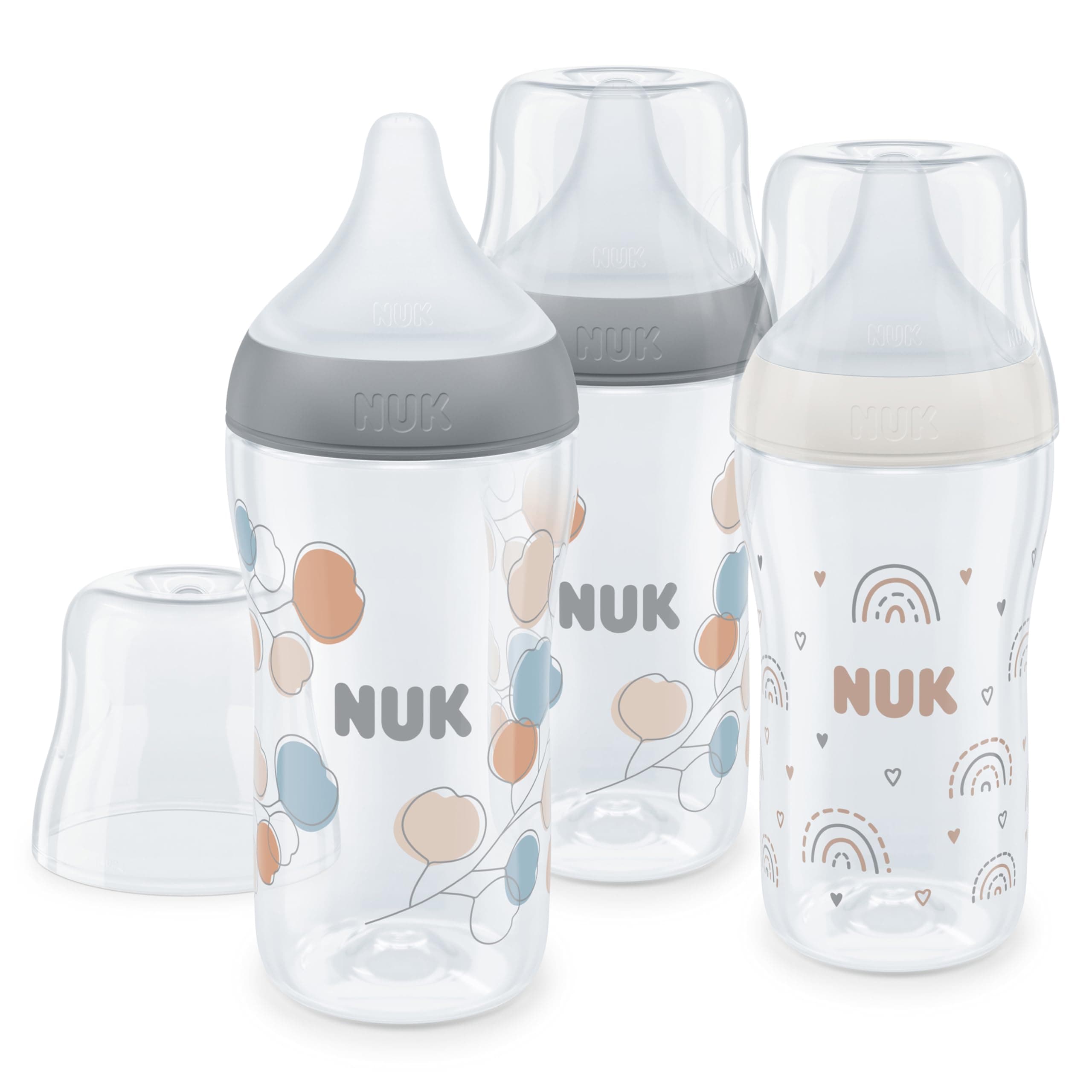 NUK Perfect Match Babyflaschenset | Ab 3 Monate | Passt sich dem Baby an | Temperature Control | Anti-Colic | 260 ml | BPA-frei | Silikontrinksauger, Medium | Regenbogen und Zweig | 3 Stück 3 stück (1er Pack) Zweig