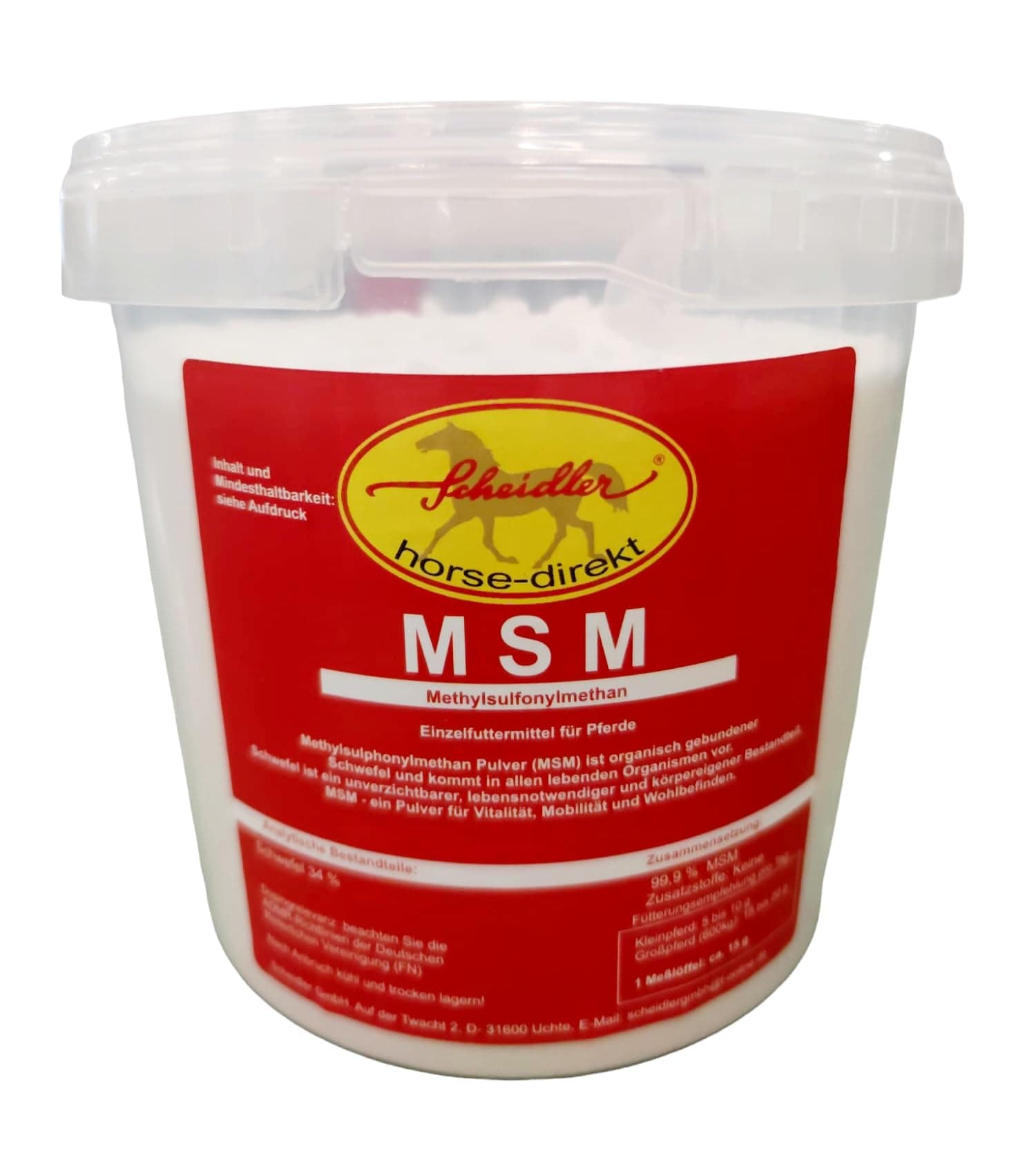 Scheidler horse-direkt MSM 1500 g Eimer (Methylsulfonylmethan) organischer Schwefel, hochrein, 34% Schwefel für Pferde, Ponys - inkl. Messlöffel 1,5 kg Angebot bei HelloDeals