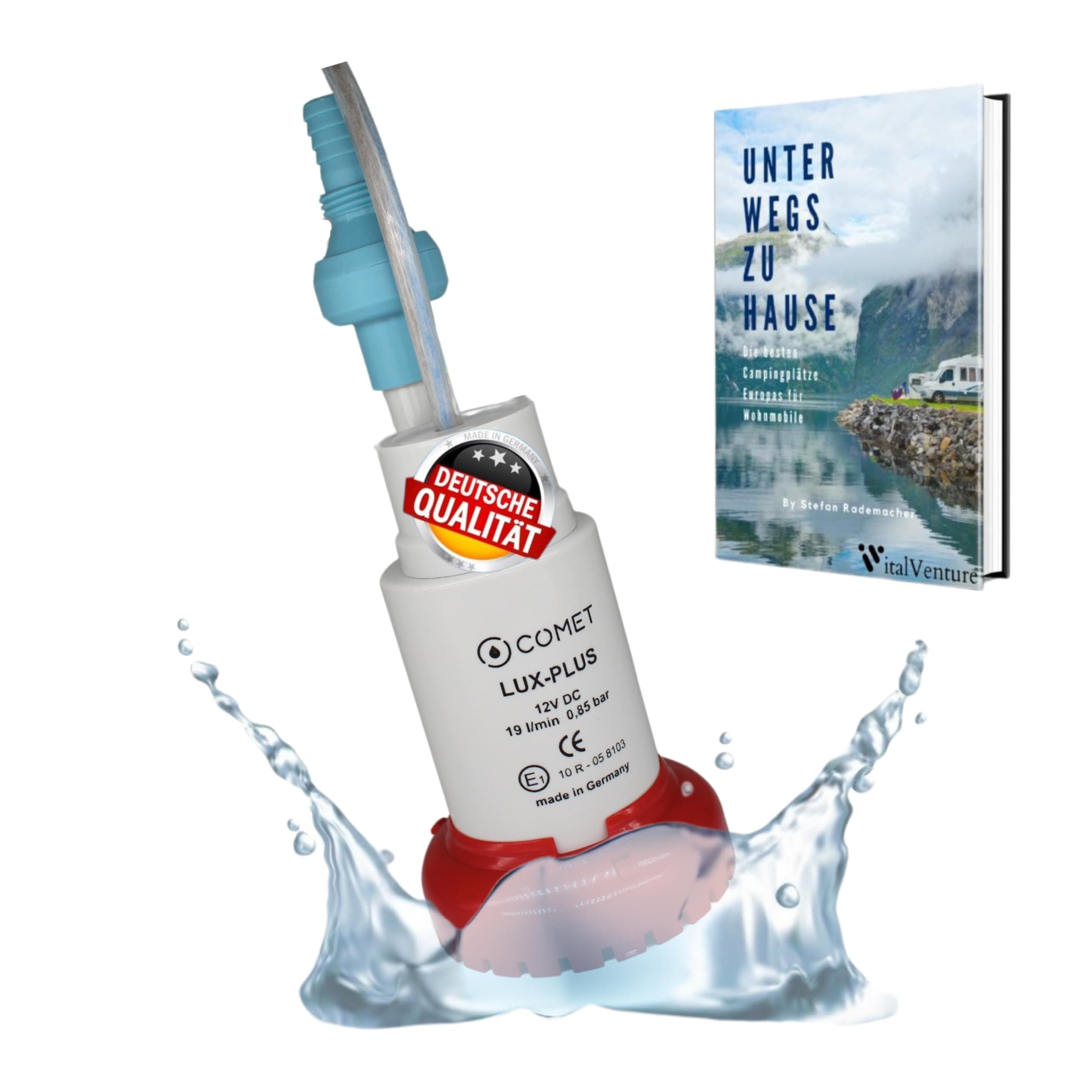 Carbest LuxPlus 12V Wasserpumpe - mit Rückschlagventil & Filter, Camping Ebook - 19 l/m, 0.85 bar, Weiß-rot, Kunststoff, Mini-Transfer-Pumpen-Design