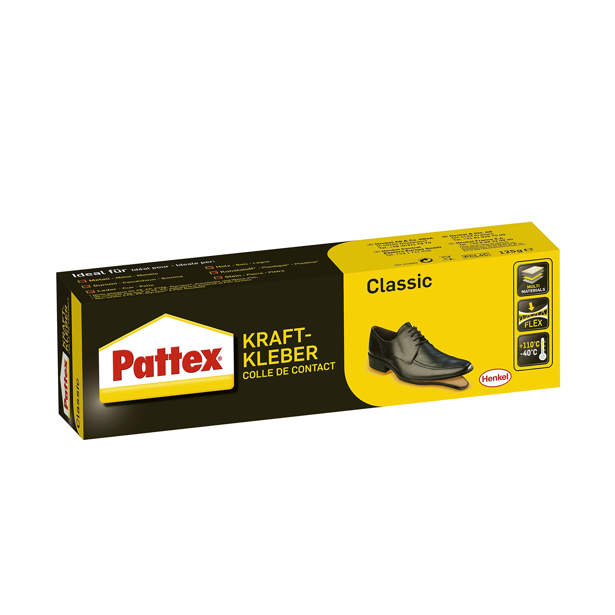 Pattex Kraftkleber Classic, extrem starker Kleber für höchste Festigkeit, Alleskleber für den universellen Einsatz, hochwärmefester Klebstoff, 1 x 125g 125 g Einzelprodukt Single