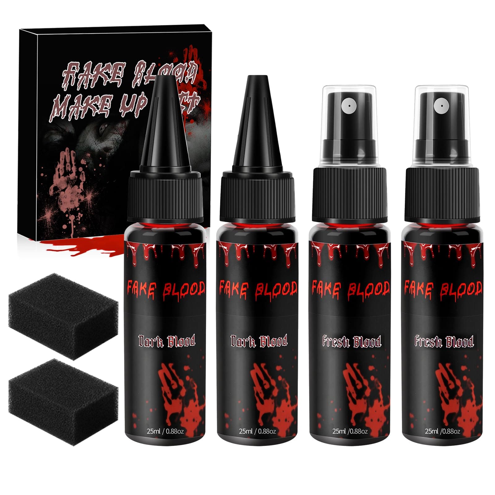 Kunstblut Halloween Set, 50ML Kunstblut Spray, 50ML Tropfendes Kunstblut und 2 Dicke Grober Schwamm, Waschbar Kunstblut, Halloween Vampir Zombie SFX Makeup Set für Wunden Narben Schminke 6 PCS