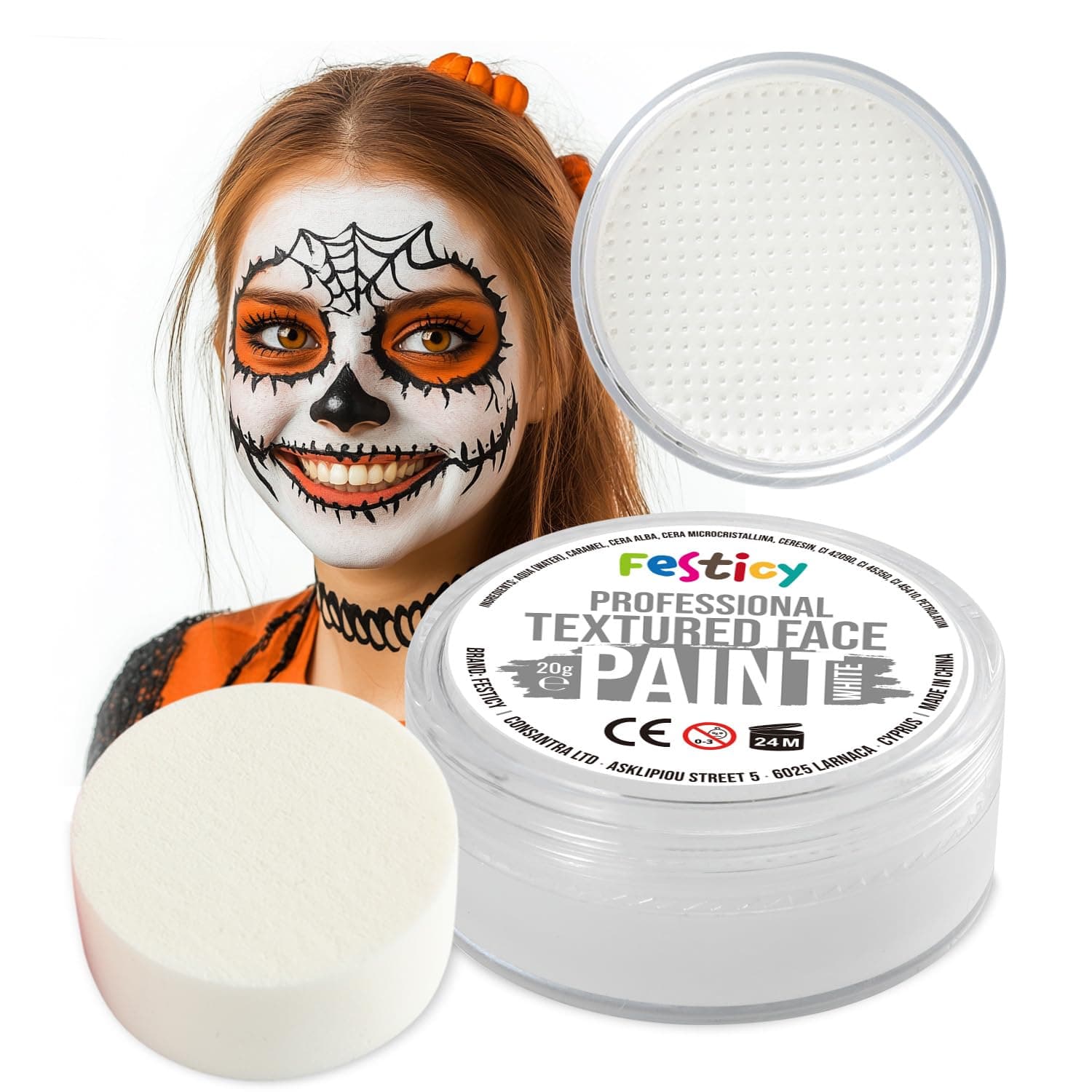 Festicy Profi Theaterschminke Weiß, 20g, inkl. Schwamm | Halloween Schminke 2025 & Karneval | EN 71-3 & Reach Zertifiziert | Kinderschminke für mind 30 Gesichter I Vampir, Geist, Clown, Face paint
