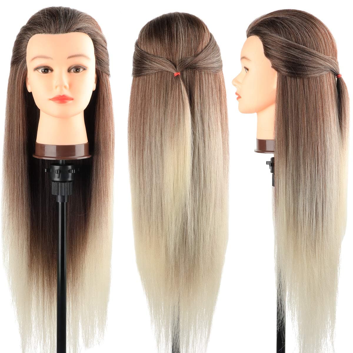 Trainingsköpfe 100% von dem Hochtemperaturfaser Haar Hairdressing Cosmetology Mannequin Frisierkopf Übungskopf mit Halterung+ DIY Haare Frisuren Set Brown