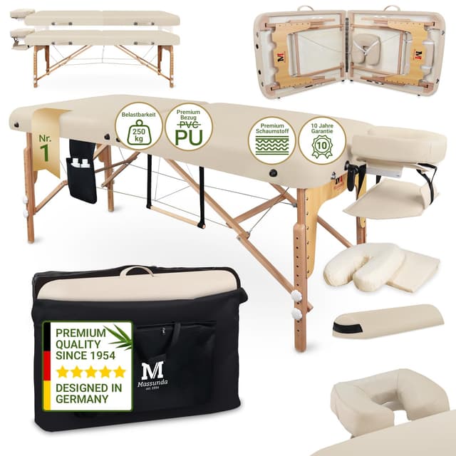 MASSUNDA – Mobile Comfort Deluxe Massageliege klappbar & höhenverstellbar – EXTRA breiter Massagetisch aus Vollholz – Massagebank mit ergonomischer Kopfstütze, Bezug, Armlehne, Kissen (Creme)