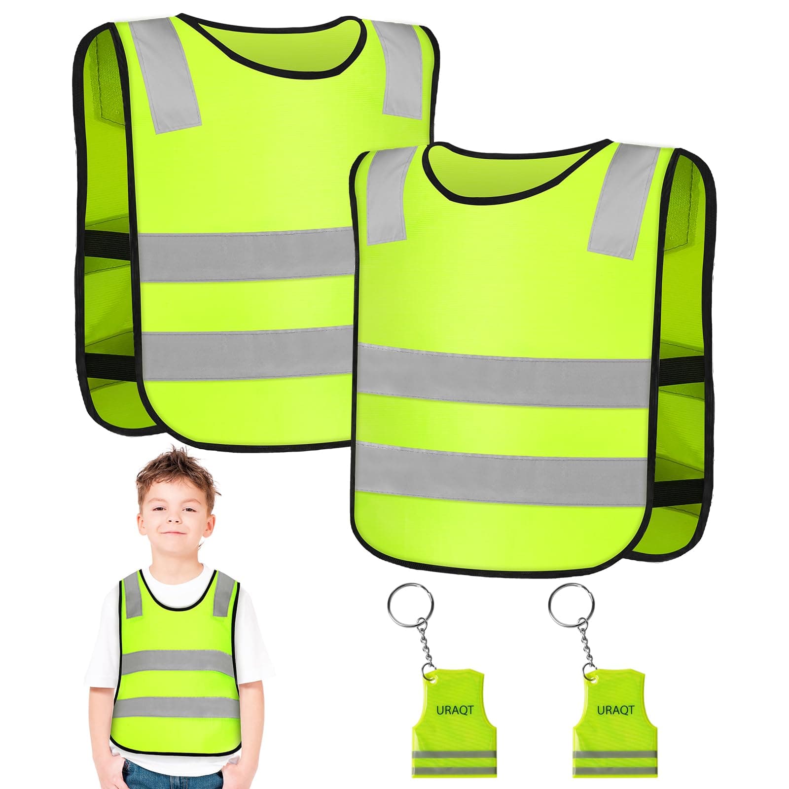 URAQT Warnweste Kinder, 2 Stück Sicherheitsweste Gelbe Warnwesten für Kinder, mit 2 Reflektierender Anhänger, für Schule Den Schulweg, Radfahren, Straßenverkehr Angebot bei HelloDeals