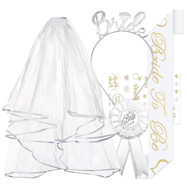 5 Stück JGA Accessoires Frauen, JGA Deko für Junggesellenabschied Frauen - Bride to Be Schärpe, Schleier JGA, Braut Haarreif, Brustabzeichen, Sticker für Brautparty und Hochzeitsfotografie