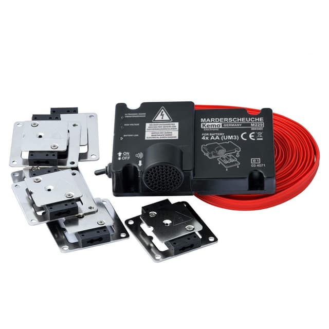 Kemo M229 Marderabwehr KFZ batteriebetrieben mit Plus-Minus-Kontaktplatten. Elektroschock, Hochfrequenztöne und blinkenden LED's. Unabhängig von Bordnetz. Mit Vibrationssensor