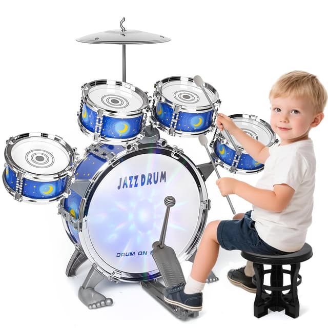 Kinder Schlagzeug Spielzeug, Kinderspielzeug Schlagwerk Drumset mit Hocker Musikspielzeug Weihnachten Geburtstag Geschenk für 3-6 Jahre Kleinkinder Jungen Mädchen, Blau Small