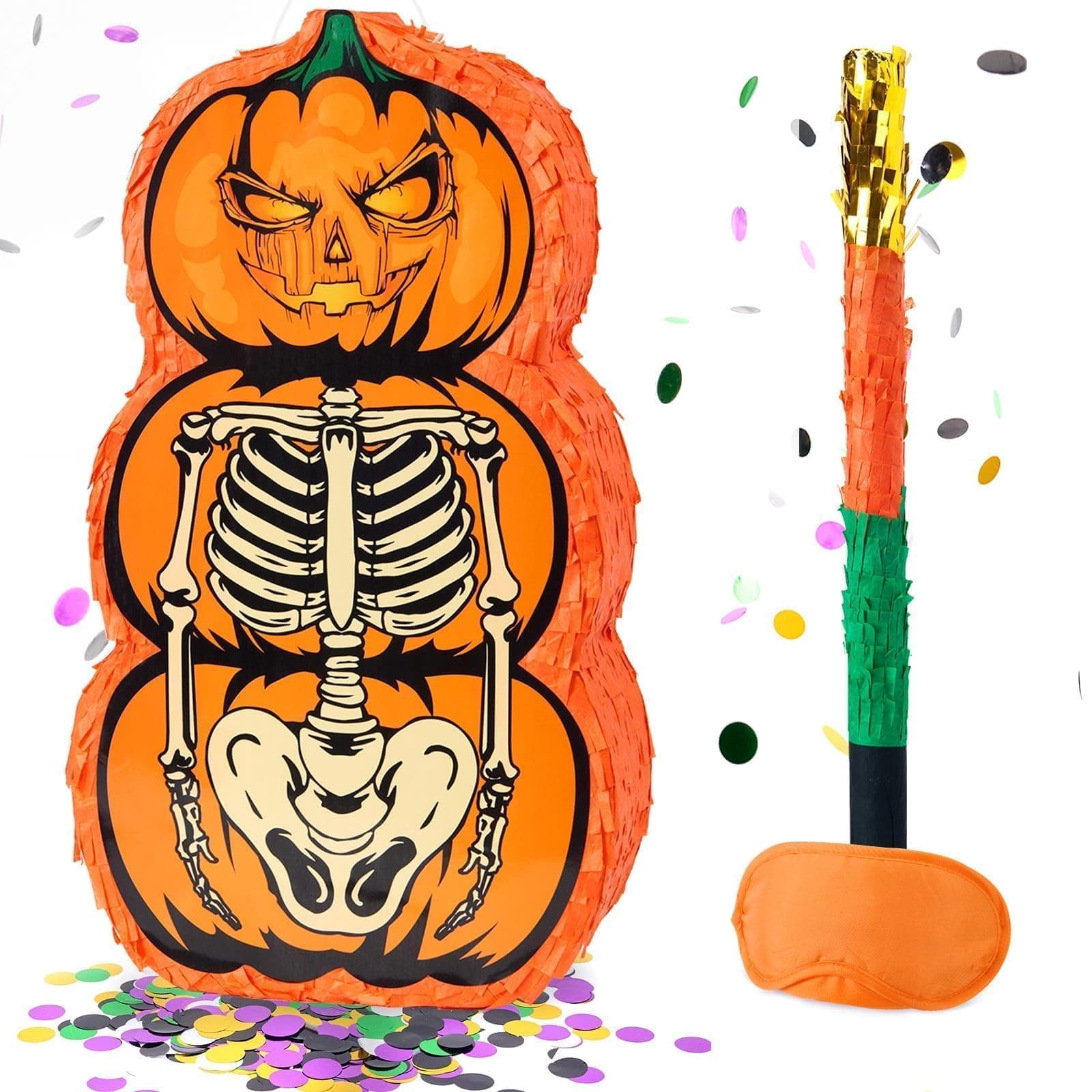 WERNNSAI Halloween Pinata – Halloween Kürbis Pinata Kinder Junge Erwachsene Skelett Piñata mit Stock Augenbinde Konfetti Halloweenparty Geburtstag Füllung Piñata Mexik Tag der Toten Dekoration Skelettkürbis Angebot bei HelloDeals