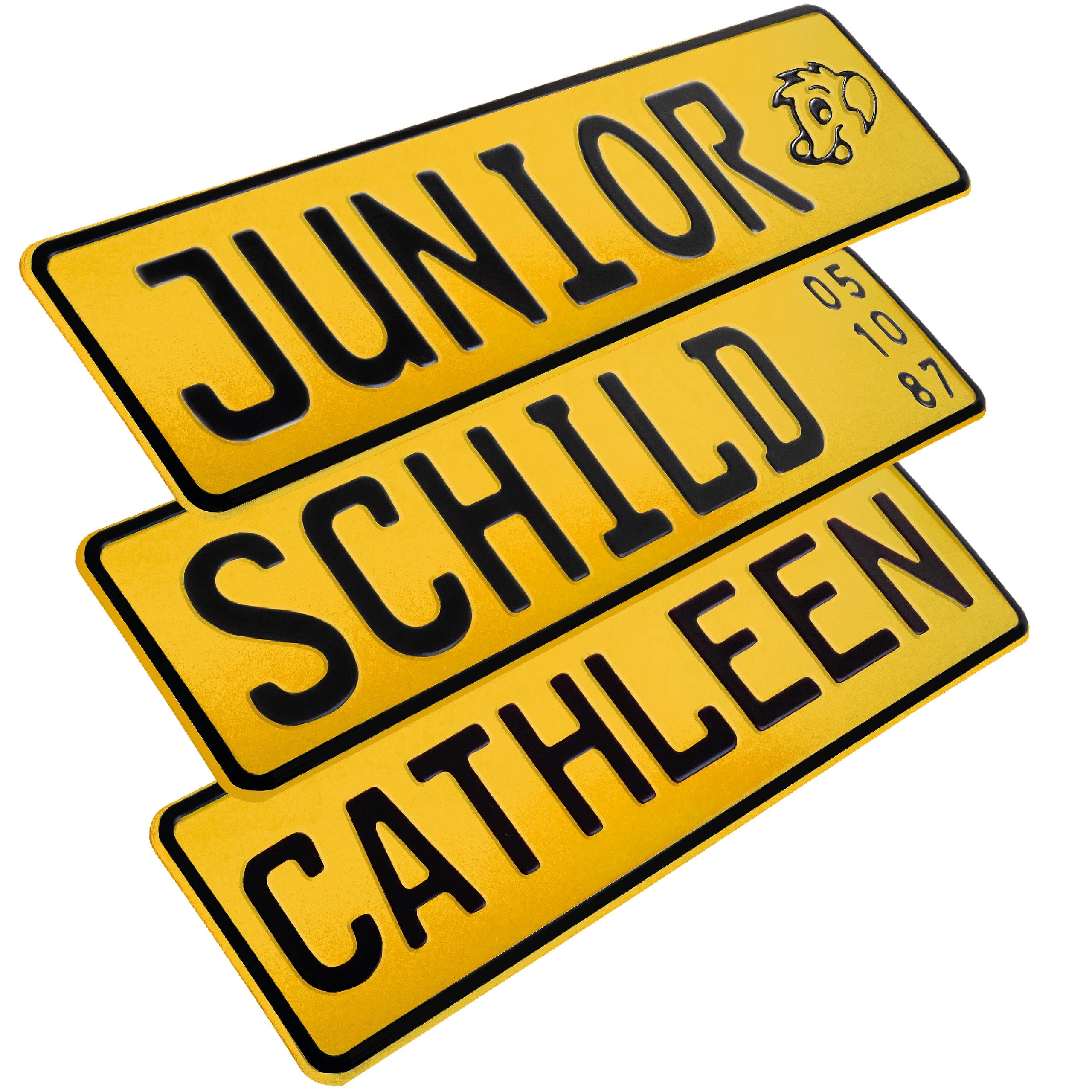 1 Stück Kennzeichen Junior-Schild 34cm x 9cm Bohrung Farbwahl Wunschtext Wunschprägung Muster Datum Namenskennzeichen Bohrung / Saugnäpfen Namensschild Bobbycar Kettcar FUN Schild in Gelb Angebot bei HelloDeals