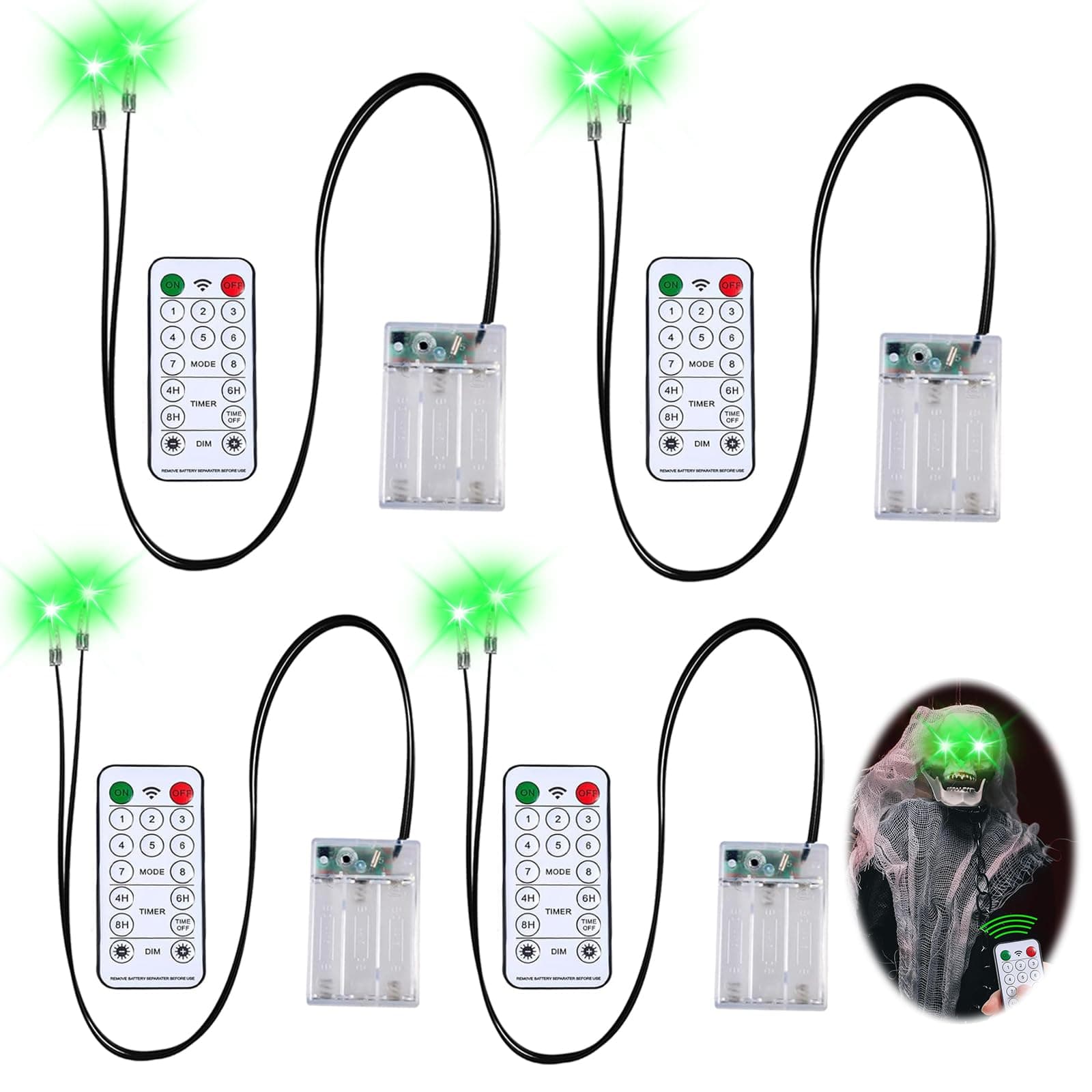 XIESUNUN 4 Stück Timer & 8 Modi Halloween LED Leuchtende Augen für Halloween Deko Skelette,Totenköpfe,Kürbisse,Grabsteine,LED Augen Dekoration,Kostüm Cosplay Masken,Horror-Dekoration (Grün) 4 Grün