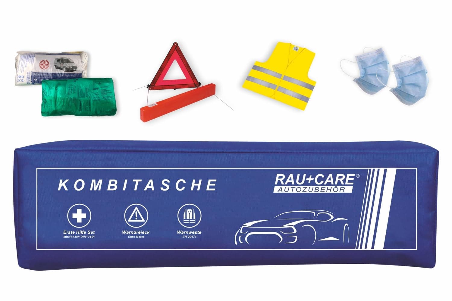 RAU EH0009 - Trio-Kombitasche blau 3in1-Set – Verbandtasche - Verbandkasten- Inhalt der Tasche : Erste Hilfe-Set nach aktueller DIN 13164 + Warndreieck ECE-konform + Warnweste nach EN20471 Klasse 2