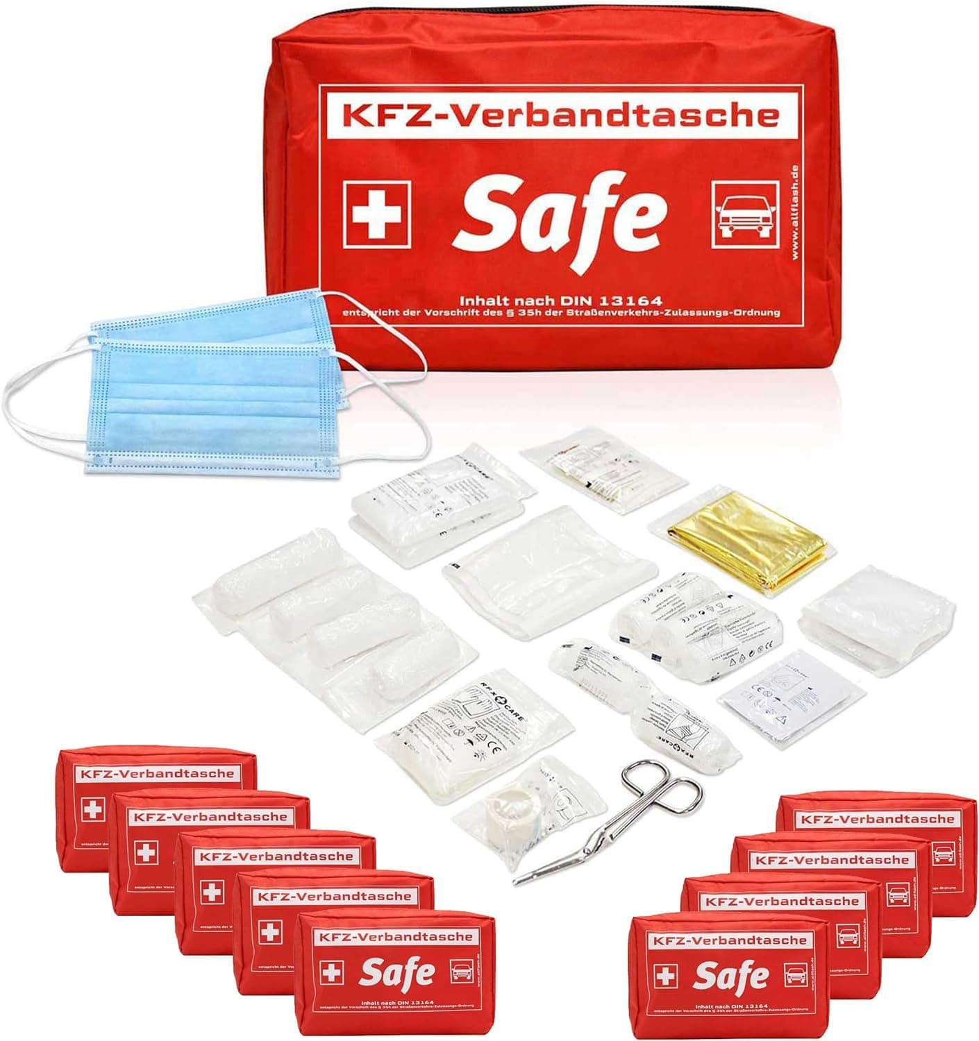 10 x Kfz Verbandstasche rot | Inhalt nach neuester Norm 13164:2022-02 | europaweit nutzbar | Verbandskasten Auto