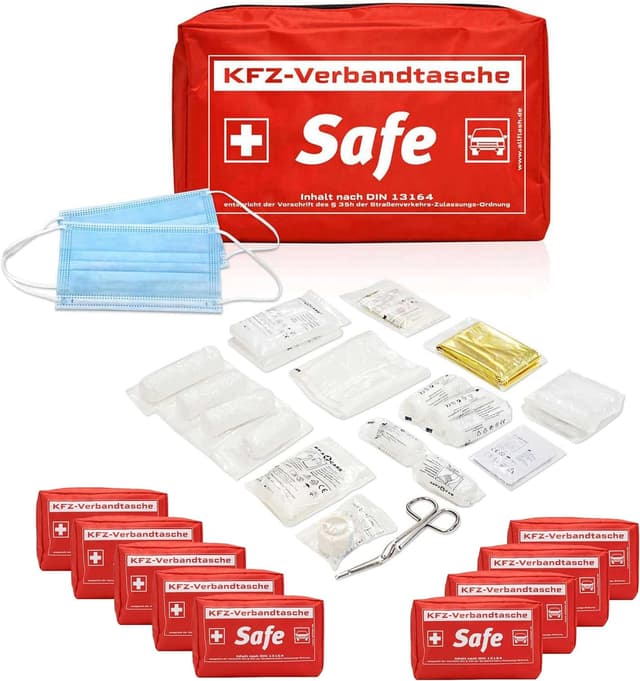 10 x Kfz Verbandstasche rot | Inhalt nach neuester Norm 13164:2022-02 | europaweit nutzbar | Verbandskasten Auto