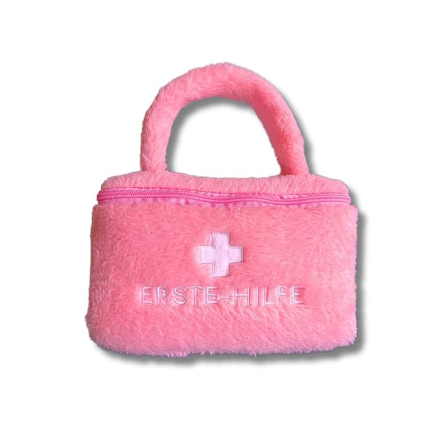 Rennecke Medic kfz verbandskasten, zertifiziert 2024 DIN 13164 StVO-konform, Damen rosa Plüschtasche mit 2 Masken & Klettstreifen,Erste-Hilfe-Set Autozubehör, ideal für Notfälle zu Hause und unterwegs