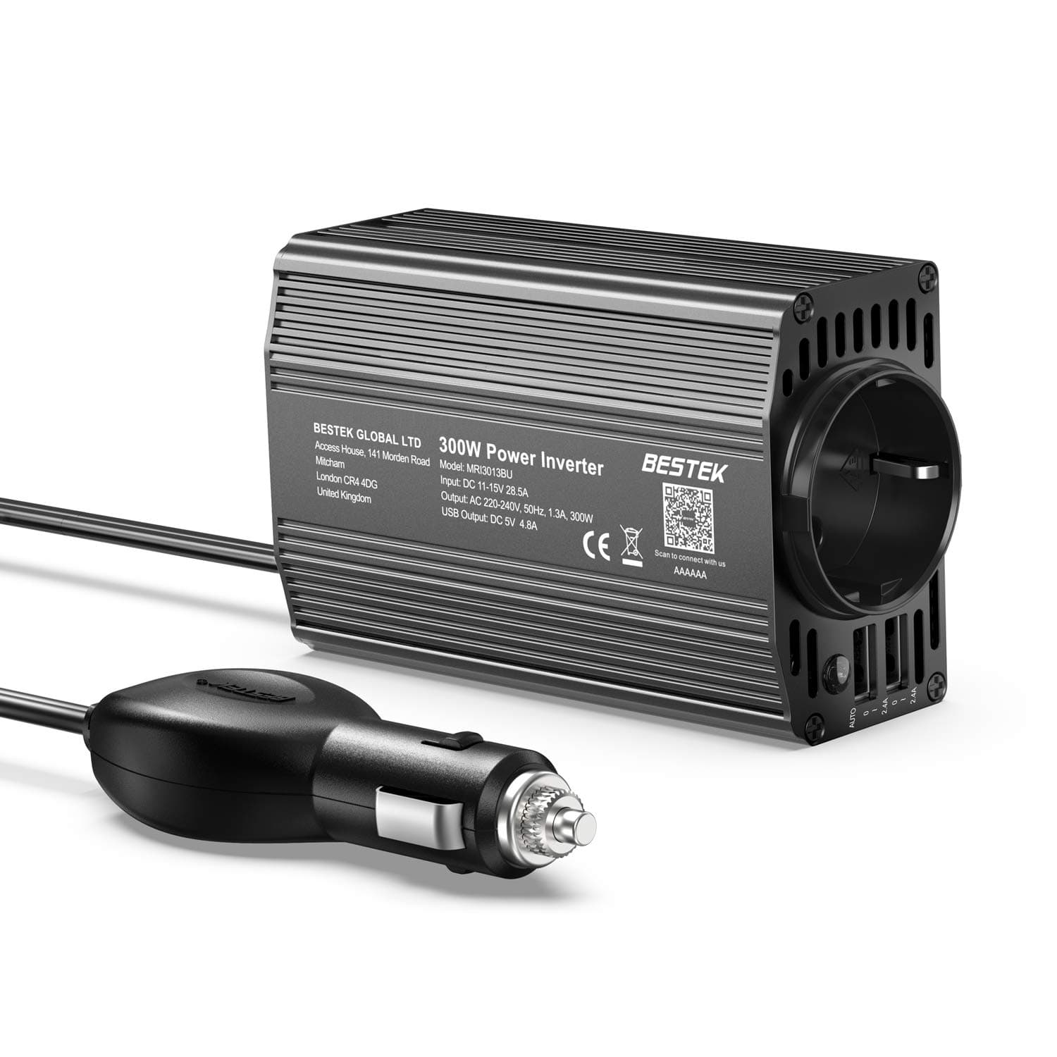 BESTEK 300W Wechselrichter/Spannungswandler 12v 230v /Stromwandler Inverter 12v auf 230v /mit Zertifiziert und Dual USB 4,8 A inkl. Kfz Zigarettenanzünder Stecker, Schwarz Angebot bei HelloDeals