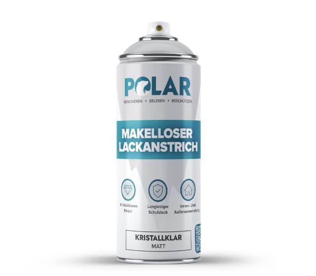 Polar Makelloser Klarlackspray - Matt - 400ml - Mehrzwecklack, unterschiedliche Materialien - schnell trocknend, haltbar und vergilbungsfrei - fur Kunststoff, Holz und Metall - drinnen/draußen 400 ml (1er Pack) Matt