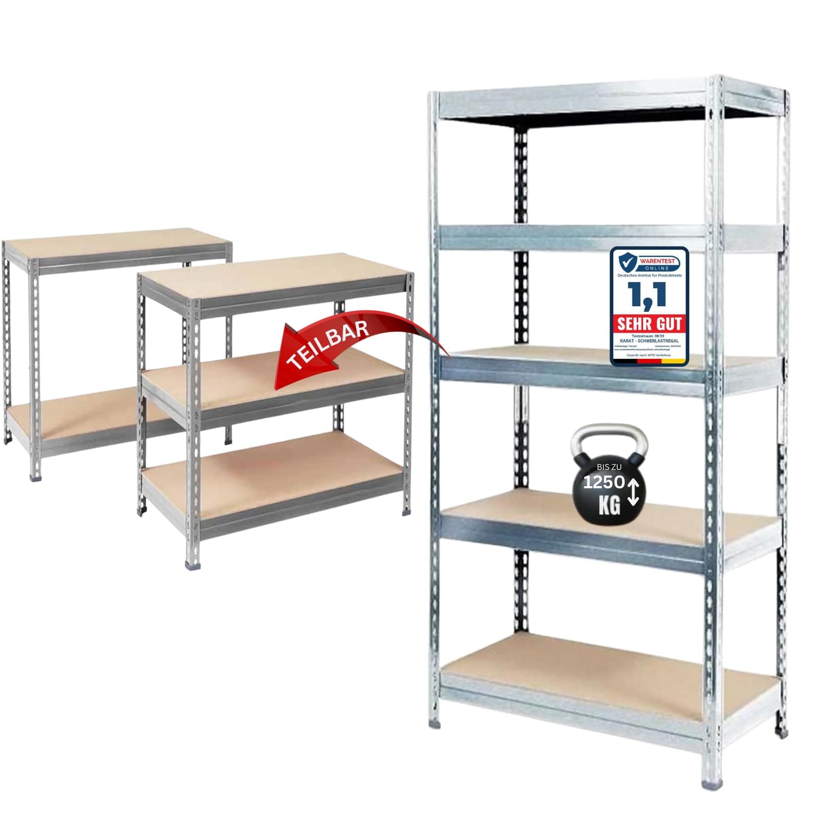KARAT schwerlastregal - Steckregal, Kellerregal, Lagerregal, Werkbank - Traglast bis 1250 kg - Schnelle Montage & Standsicher (Verzinkt, 180 x 90 x 45 cm) Verzinkt 180 x 90 x 45 cm Angebot bei HelloDeals