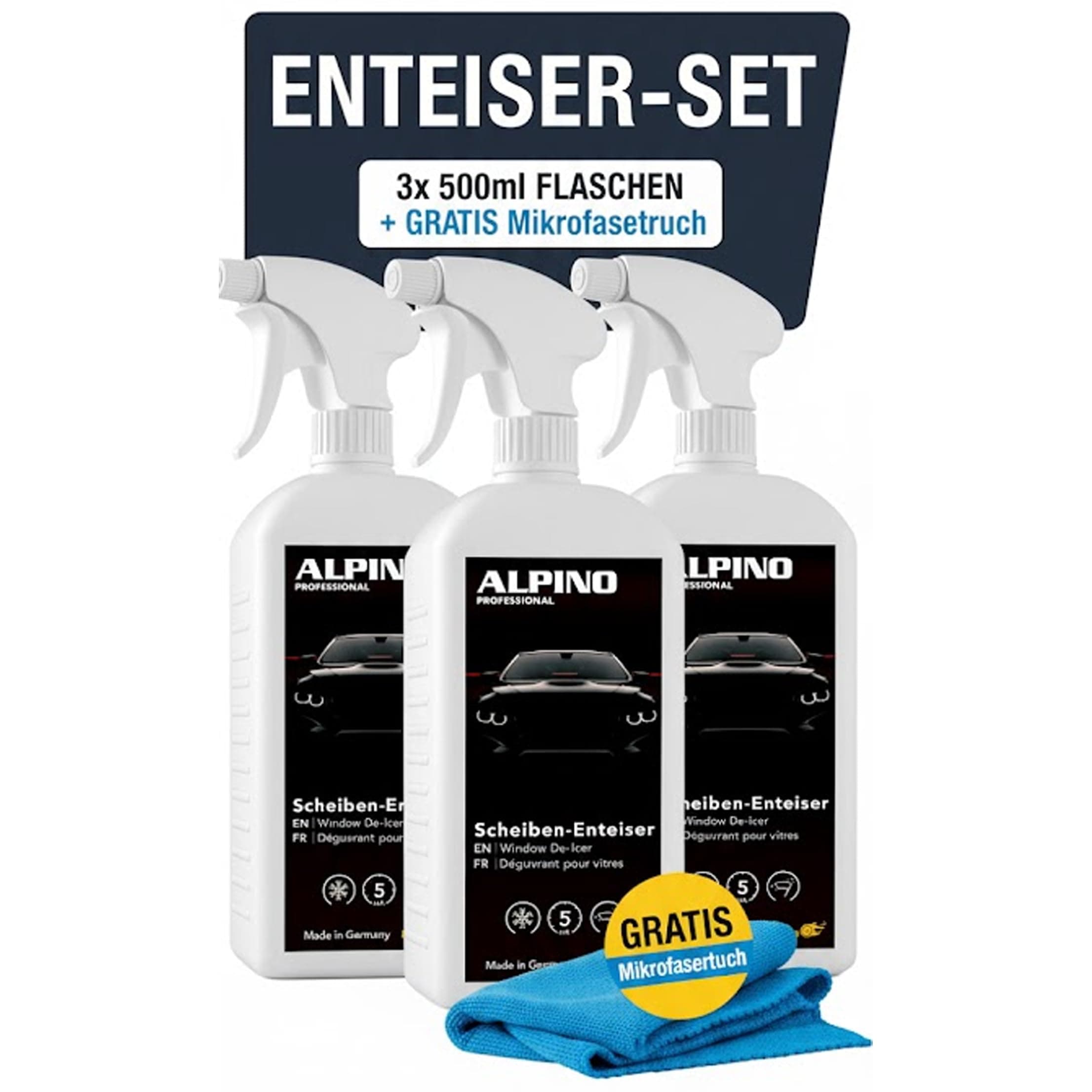 3X Alpino Turbo Enteiserspray Auto 1 Liter inkl. gratis 2X Mikrofasertuch | High Performance Formula | Scheibenenteiser Spray, Auto Enteiser Spray, Enteisungsspray Auto Eisspray | Langer Frostschutz 3x 1 Liter (inkl. gratis Spezialtuch) Angebot bei HelloDeals