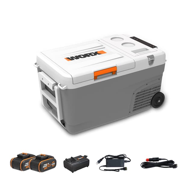 WORX 18V (20V MAX) Mobile Kühlbox WX876, PowerShare 20V, 220-240V AC, 12V/24V DC, 23L, -20℃-20℃, Zuggriff & Rad, Ideal für Baustelle, Camping & Autofahrt, 4Ah Akkus & 4A Ladegerät