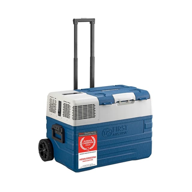 TZS First Austria Kompressor Kühlbox | 52 L | -20°C bis +20°C | MAX/ECO | Innenbeleuchtung | USB-Anschluss | Trolleyfunktion und Tragegriffe | blau 52 Liter blau/grau