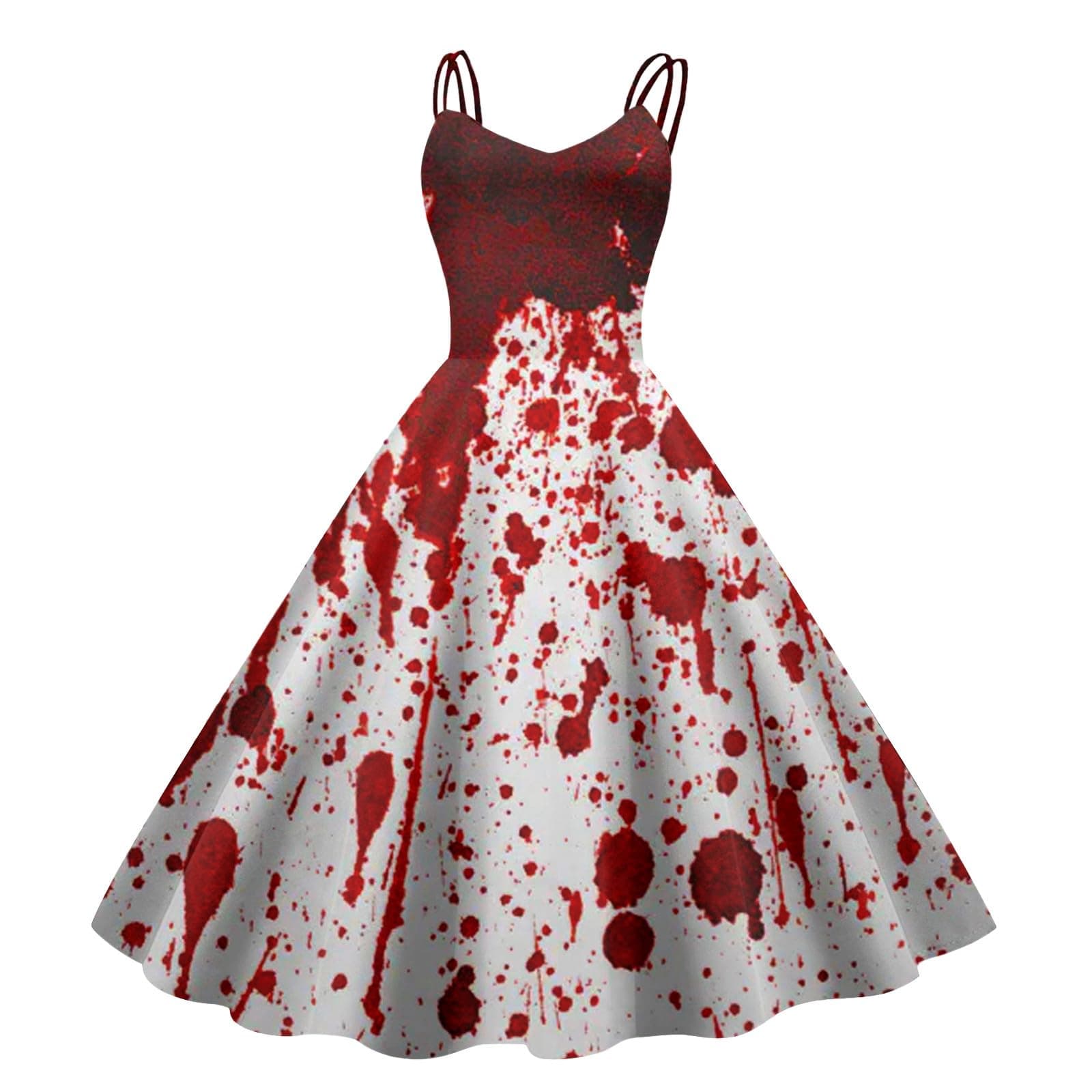 Halloween Kostüm Damen Gruselig Blutige Zombie Braut Horror Elegant Brautkleid Ärmellos Aufdruck Kleid mit Blutigem Print Mittelalter Cocktailkleid Party Karneval Kleider M 001 Weiß Angebot bei HelloDeals