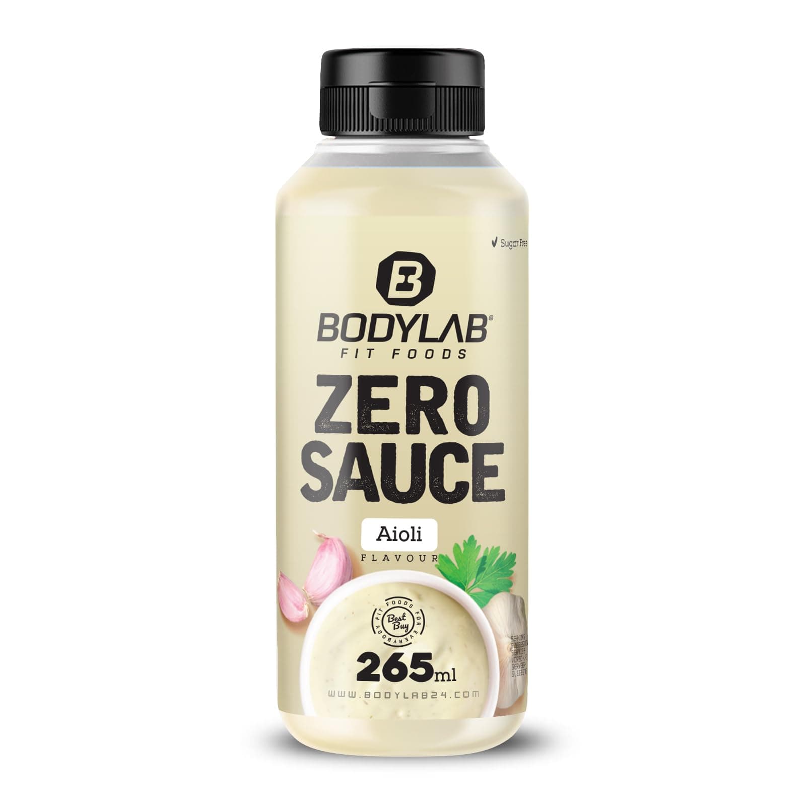 Bodylab24 Zero Sauce Aioli 265ml, kalorienarm, nur 3-9 kcal je 15g Portion, fett- und zuckerreduziert, perfekt zum Verfeinern von Gerichten, als Sauce oder Dressing, ideal für jede Diät Aioli 265 ml (1er Pack)