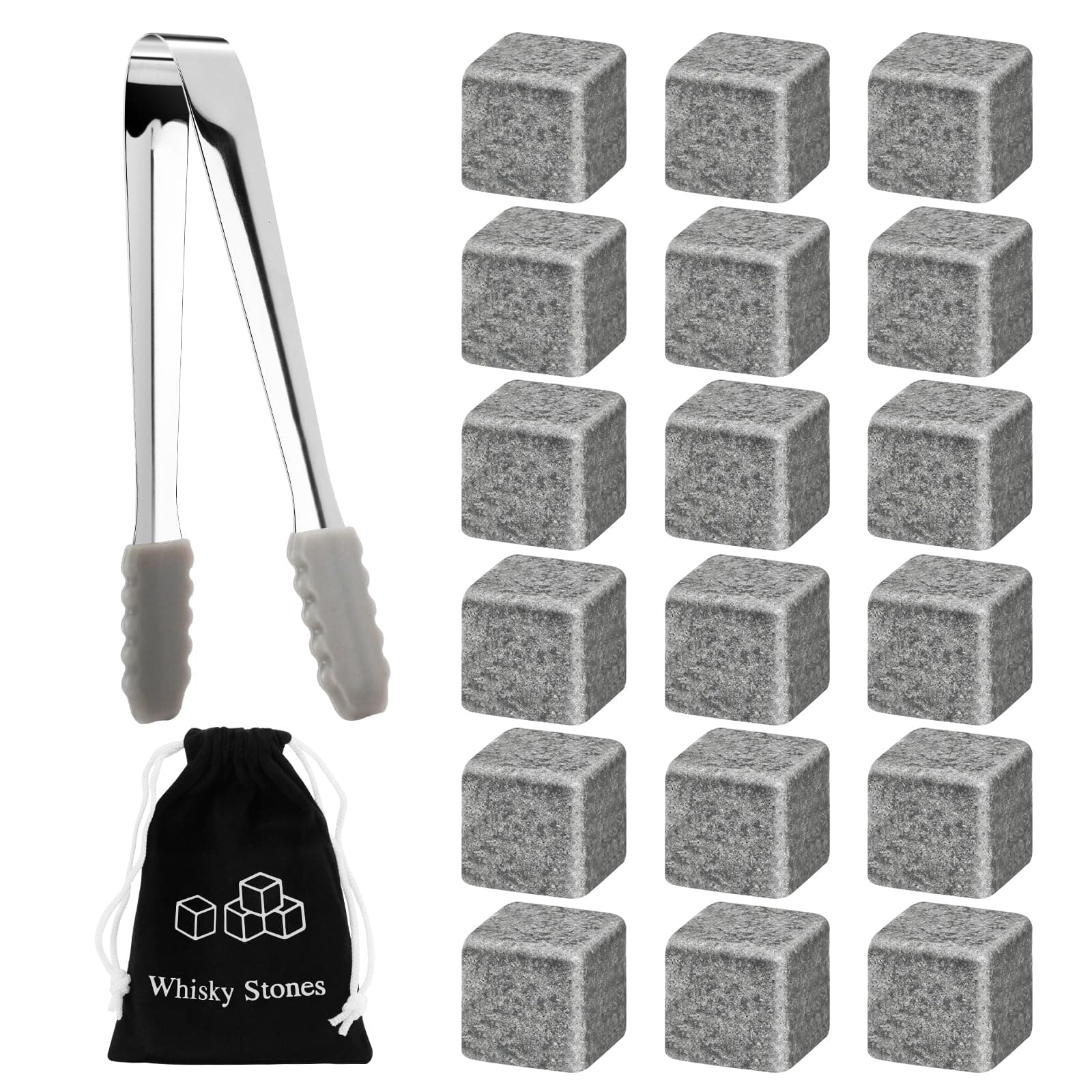 X-BLTU 18 Stück Whisky Steine Granit Eiswürfel Wiederverwendbar, Whiskey Steine Set mit Stoffbeutel und Eisclip, Wein Getränke Kühlsteine, Geschenke für Männer Ehemann, Weihnachten Geburtstag Vatertag Angebot bei HelloDeals