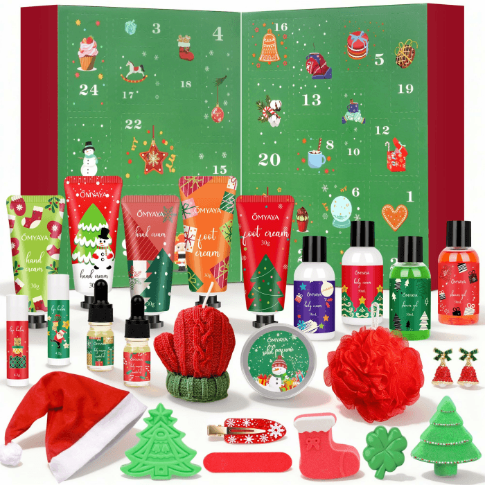 Adventskalender 2025 für Frauen, Beauty Weihnachtsgeschenke für Frauen mit Handcreme, Kerze, Lippenbalsam, Weihnachtsmütze, Badebomben, 24 Weihnachtskalender Hautpflege Geschenkset für Damen