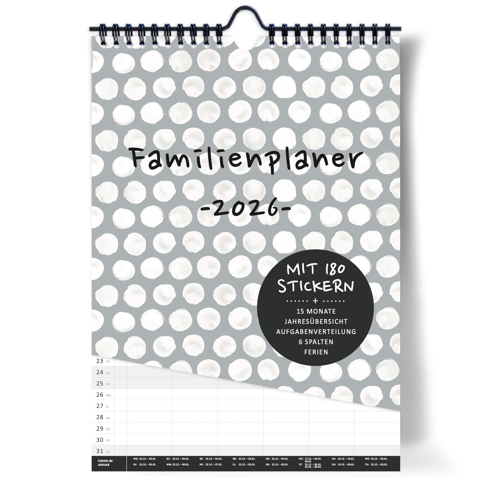 XXL Familienplaner 2026 6 Spalten Wandkalender | DIN A3 I Zum Aufhängen in der Küche |Familienkalender & Sticker, Ferientermine, Jahresübersicht, extra Seite für Urlaubsplanung… 2026 GRAU Angebot bei HelloDeals