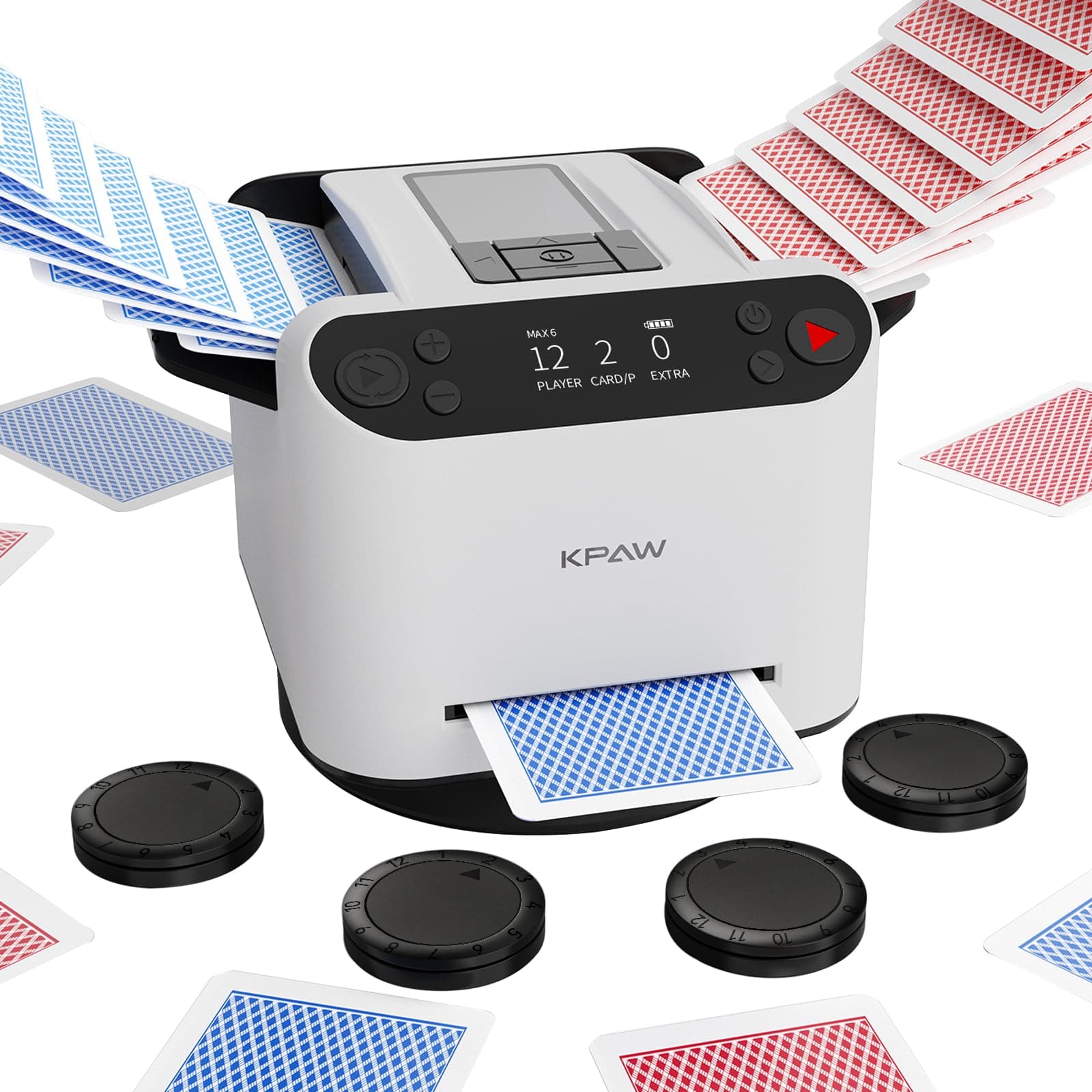 KPAW Kartenmischmaschine mit Austeilen, 360° Drehung für 1–2 Decks, mit 4 Fernbedienungen, Automatischer Kartenmischer und Austeiler Für 2–12 Spieler, Wiederaufladbar, Leise für Poker (Weiß) Angebot bei HelloDeals