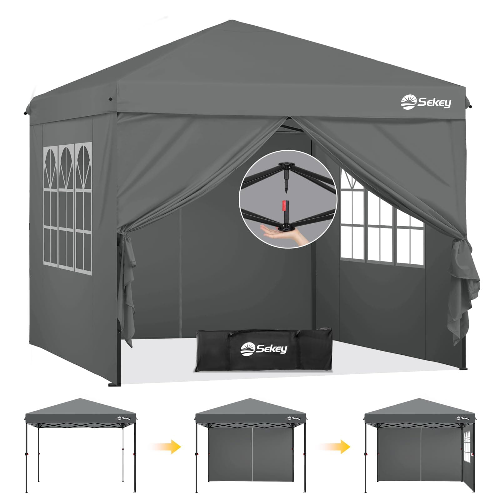 Sekey Premium Pop Up Pavillon 3x3 Wasserdicht Stabil, 3 x 3 m Pavillon mit Seitenwänden, Faltpavillon Partyzelt Faltbar für Camping Party, Höhe Verstellbar 250-270cm, Grau Grau Mit Seitenteilen Angebot bei HelloDeals