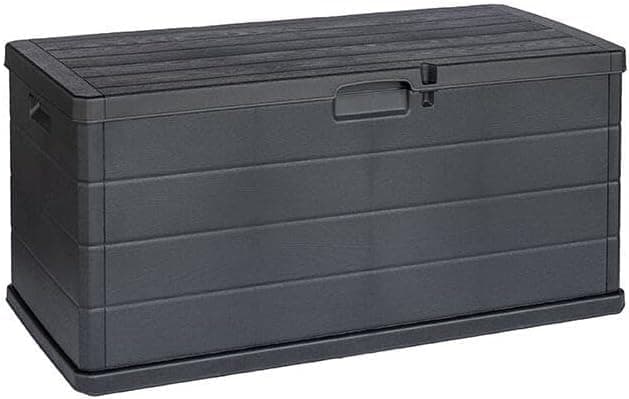 Kissenbox wetterfest 340L – Auflagenbox Gartenbox aus Kunststoff, abschließbar, UV-beständig, wetterfest, in Kunststoff in Holzoptik, mit Rollen, für Balkon, Terrasse, Garten Angebot bei HelloDeals